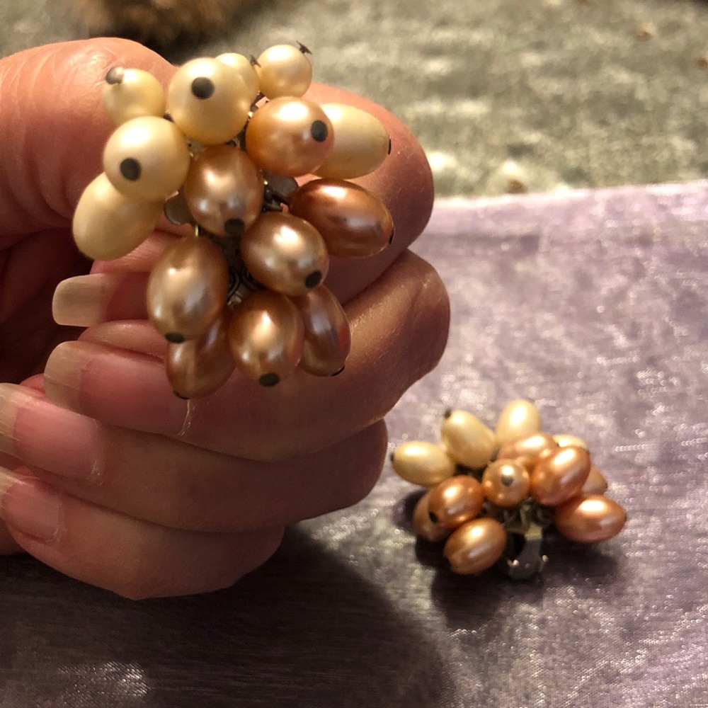 Handcrafted Pearl Cluster Clip-On Earrings in Cream and Champagne Made in Japan